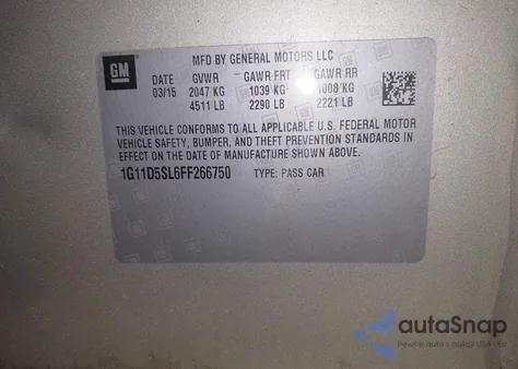 2015 Chevrolet Malibu 2Lt из США, поврежденный, VIN 1G11D5SL6FF266750